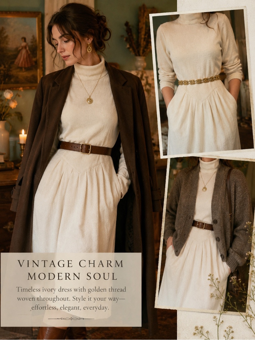Vintage 80s Cream Gold Metallic Dress
